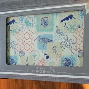 Beach Postcard Theme Glass Cutting Board Shells Sea Gulls NIB New Without Tags